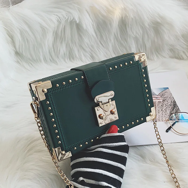 Fashion Vintage Rivet Designer Bag Box Style Buckle PU Women Clutch Bag Chain Purse Shoulder Bag Crossbody Small Flap Handbag - Цвет: Green