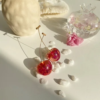 

MENGJIQIAO New Korean cute Cherry Shaped Drop Earrings For Women Sweet Dried Flower Brincos Metal Line Pendientes Jewelry Gifts