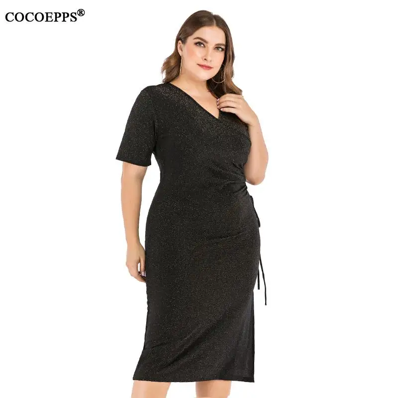 4XL 5XL женское весеннее блестящее платье большого размера элегантное офисное платье с v-образным вырезом и длинными Рюшами Плюс Размер облегающее женское Красное Ночное платье - Цвет: black
