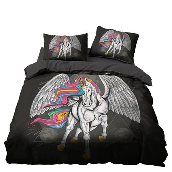 

Unicorn Wings Bedroom Decor Bedding Set Black Background Microfiber 1PC Duvet Cover with Pillowcases No Comforter Drop Ship