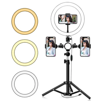 

26cm/10inch inch LED Ring Light 3 Colors 3500-6500K Temperature 10 Levels Dimmable with Tripod Phone Holders for Tiktok right