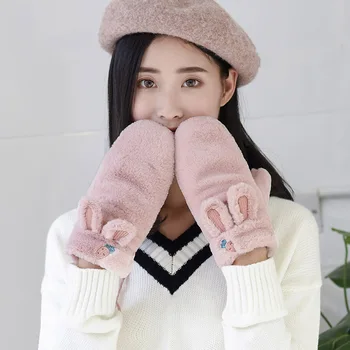 

Winter Female Mittens Cute Rabbit Fur Fingerless Gloves Women Soft Thick Warm Windproof Female Driving Gloves Mittens