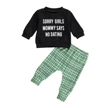 激安 子供ボーイズ長袖手紙tシャツと弾性チェック柄ロングパンツ2本の衣類のセット0-4Years