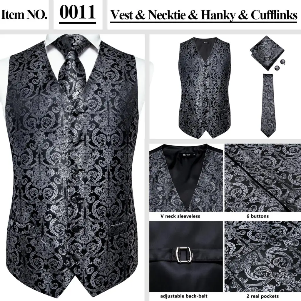 casual blazer High Quality Silk Mens Slim Fit 4pcs Vest Necktie Hankerchief Cufflinks Suit Waistcoat Jacket Neck Tie Set Floral Paisley Solid coat suit for men