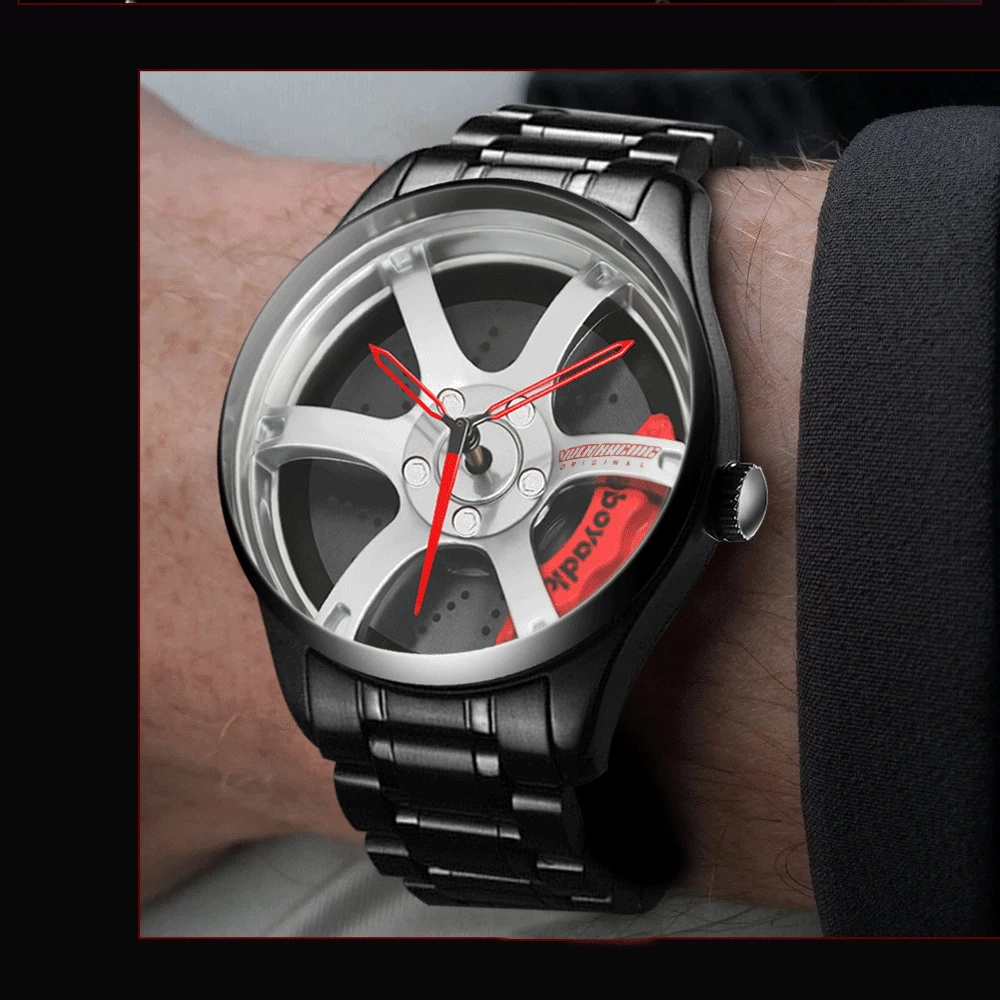 Fashion GTR R8 Auto Racing Men Watch Steel Black 3D Designed Car Wheel Watches for Men Cars Fans F1 Groups Dropshipping