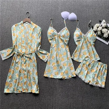 

4 Pieces Women Robe Gown Sets Lace Satin Sleepwear Summer Silk Bathrobe Nightwear Pyjama Short Sleep Robes Lounge Set
