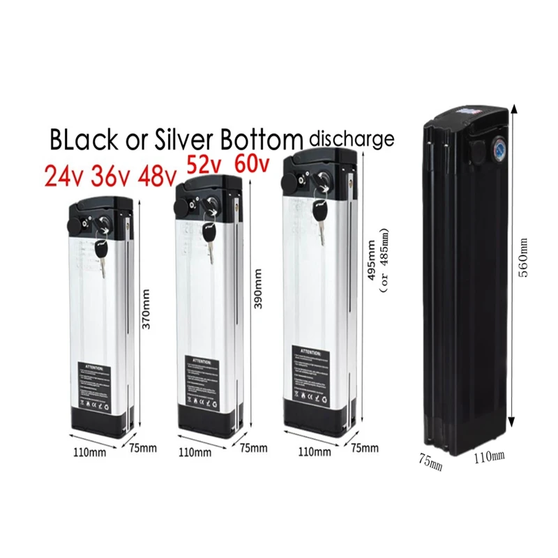 

24V 36V 48V 52v 60v electric bike battery case Silver Black Fish Ebike Aluminum housing Bottom discharge