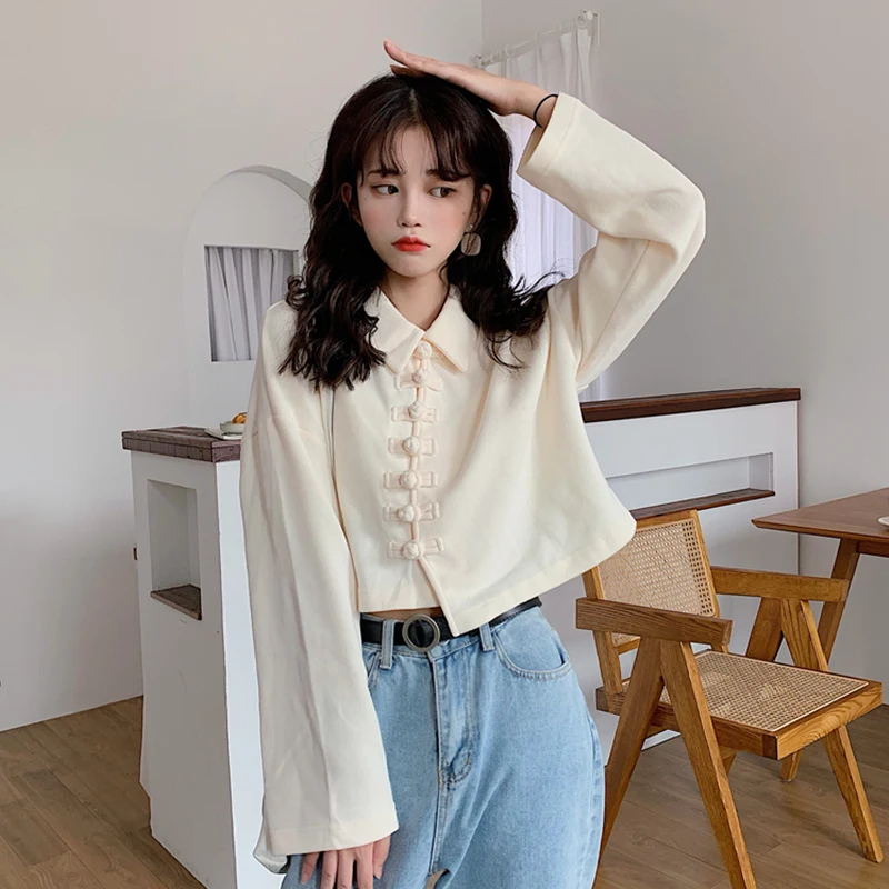 vintage Korean style turn-down collar full sleeve sweet Spring autumn crop tops shirts Women's Clothing Pankou short blouse hot