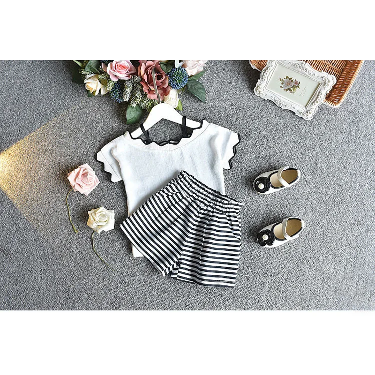

Girls Chiffon Suit Summer 2019 New Style Korean-style Baby Girls Short Sleeve Off-shoulder Tops Stripes Shorts Two-Piece Set