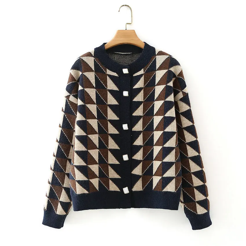 

Women Classical Argyle Pattern Cardigan Sweater Autumn Spring Soft Warm Wool Knitwear Female Chic O-NECK Rhomboid Knitting Coat