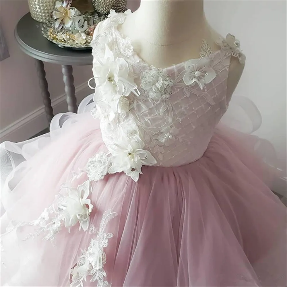 Платья для девочек, держащих букет невесты на свадьбе; элегантное розовое кружевное платье без рукавов с аппликацией; Детские пышные платья для свадьбы; платья для первого причастия