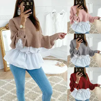 

Women Long Sleeve Sweater Autumn Long Sleeve Round Neck Knitted Pullover Blouse Ladies Loose Baggy Jumper Patchwork Sweaters