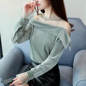 

Women's Wear Round Neck Mesh Sexy Show Slender Sleeve Gold Velvet Lotus Leaf Edge Clothing