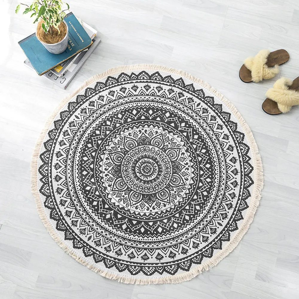 Retro Boho Round Carpet Bedroom Boho Style Tassel Cotton Rug Hand Woven National Classic Tapestry Sofa Cushion Tatami Floor Mats