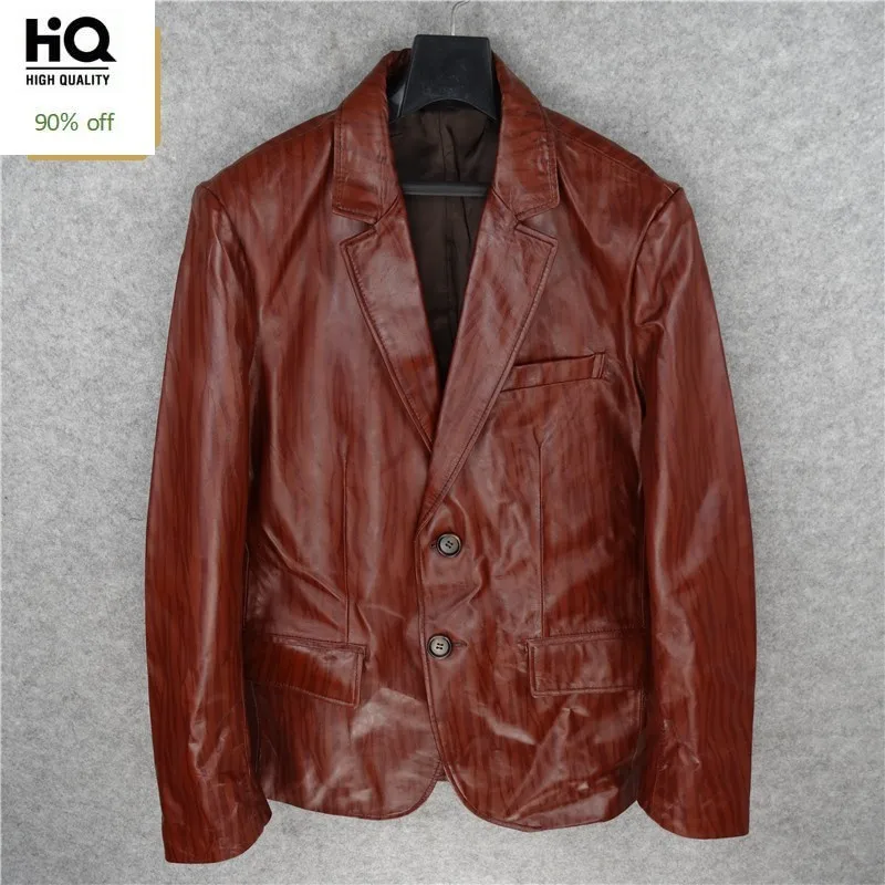 

Fashion Mens Sheepskin Genuine Leather Blazer Jacket Striped Printed Vintage Single Breasted Coats Office Man Blouson Cuir Homme