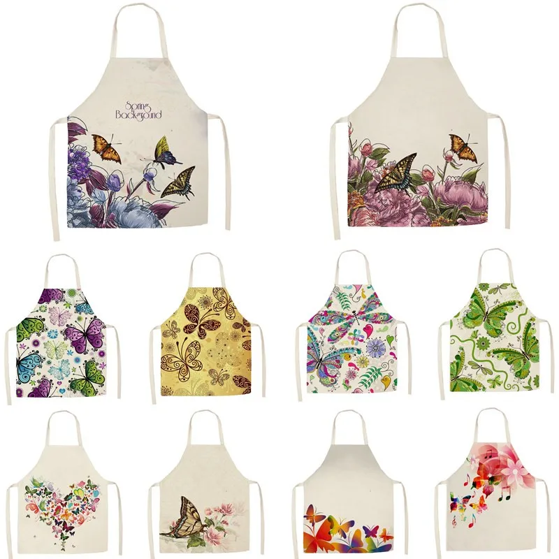 Kitchen Cooking Apron Beautiful Butterfly Printed Home Sleeveless Cotton Linen Aprons for Men Women Baking Accessories 53*65cm