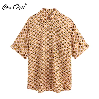

Stylish Geometric Print Blouses Women Lapel Collar Short Sleeve Shirts Girl Chic Young Style Tops