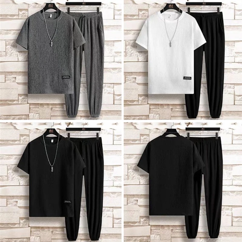 mens short sets 2021 Summer Men's Casual Sport Suit Short Sleeve Two-piece Sets Fashion Loose Ice Silk Pullover Tops+drawstring Trouser Big Size mens two piece sets