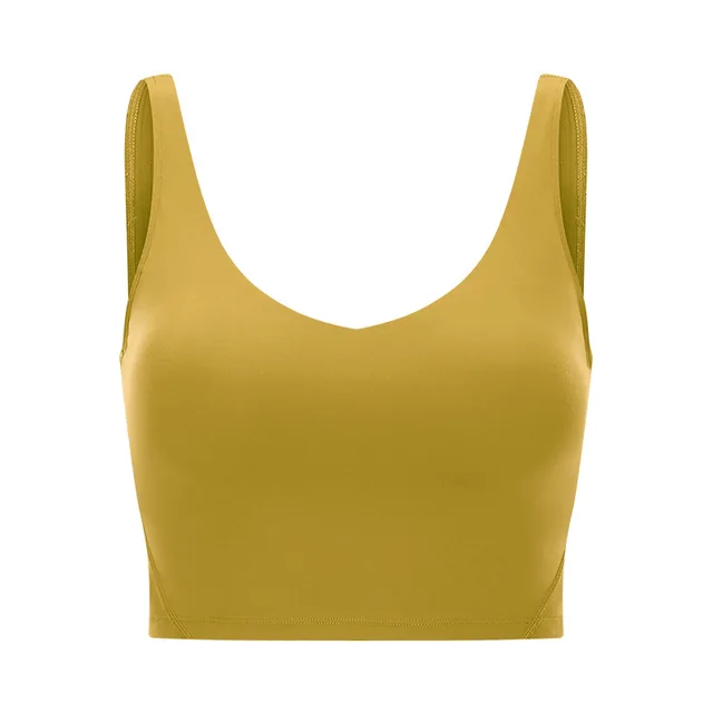 Hot Selling Wholesale Pop Women Sports Bra Tight Gym Crop Top Yoga Vest Shockproof With Chest Pad High Strength Fitness Clothing Golden