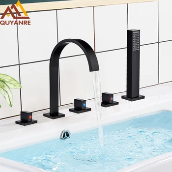 

Quyanre Matte Black Waterfall Bathtub Shower Faucet Deck Mount Bathroom Shower Mixer Tap Bath Shower Faucet Bathtub Sink Faucet