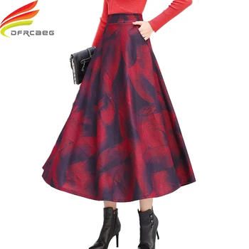 

High Elastic Waist Long Skirt Women 2019 Autumn Winter Floral Woolen Skirts Women Plus Size Big Swing A Line Maxi Skirt Women