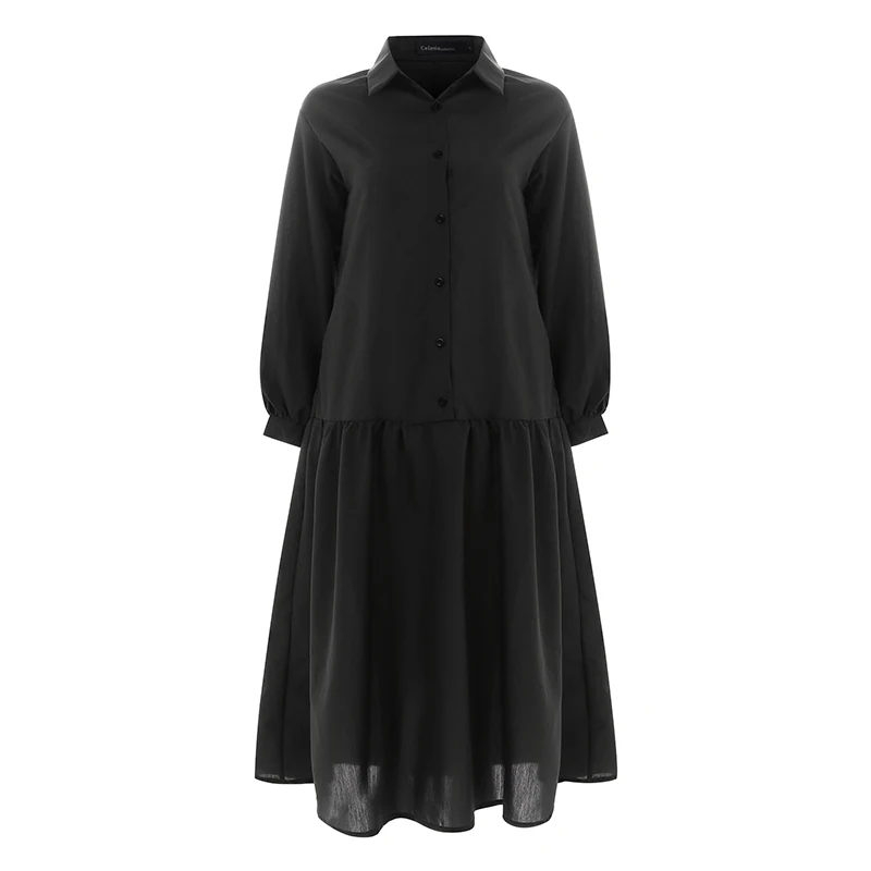 Осеннее женское винтажное платье-рубашка, Повседневное платье с длинным рукавом и пуговицами, плиссированное платье средней длины, однотонные свободные вечерние платья размера плюс - Цвет: Черный