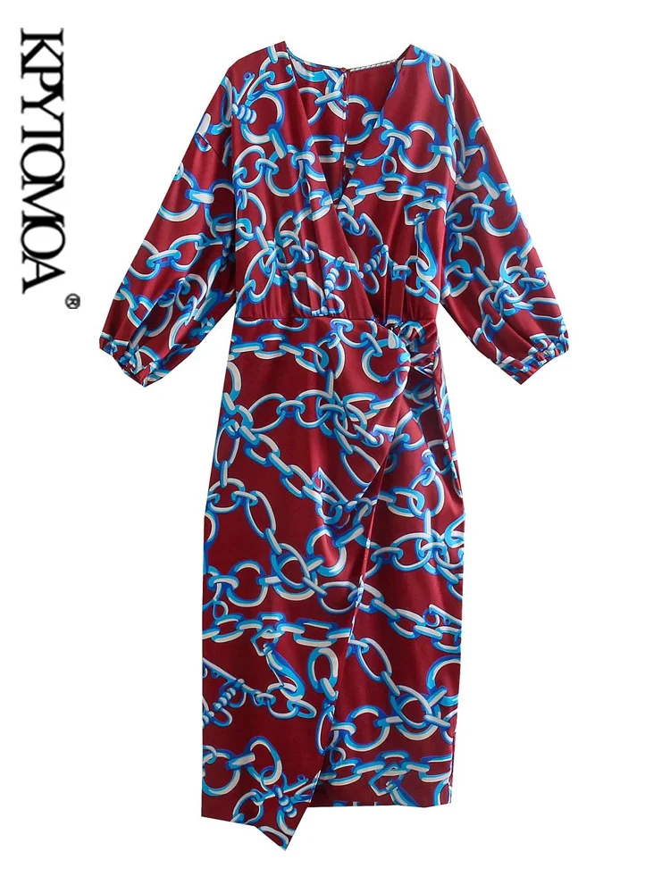 KPYTOMOA Women Fashion With Knot Chain Print Midi Dress Vintage Three Quarter Sleeve Back Zipper Female Dresses Vestidos | Женская