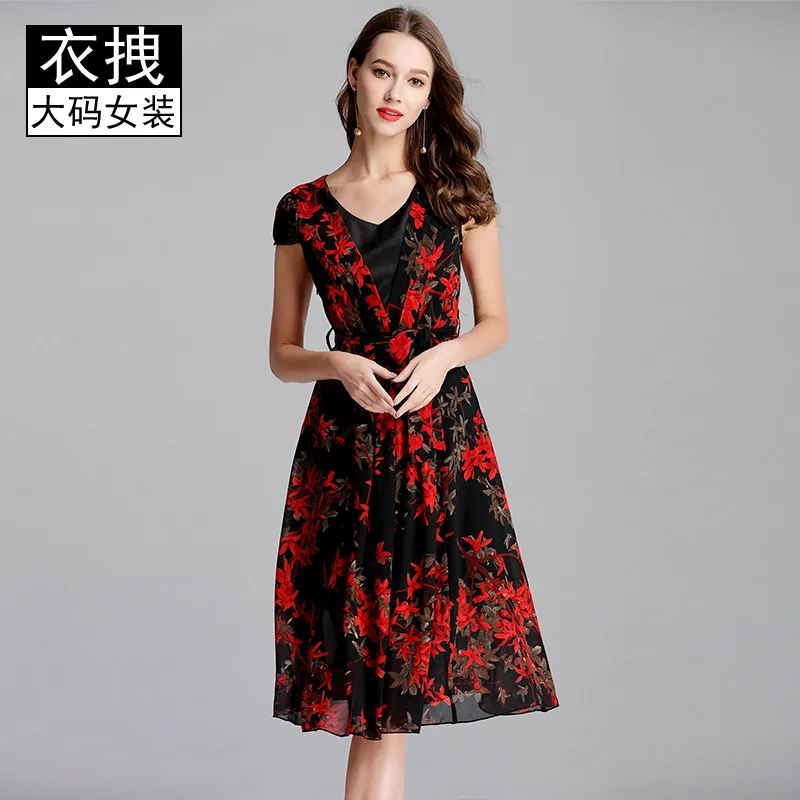 

Deep V Dress 2018 Summer New Style Europe And America Large Size Large GIRL'S Mid-length Elegant Slim Fit Floral Print V-neck Sk