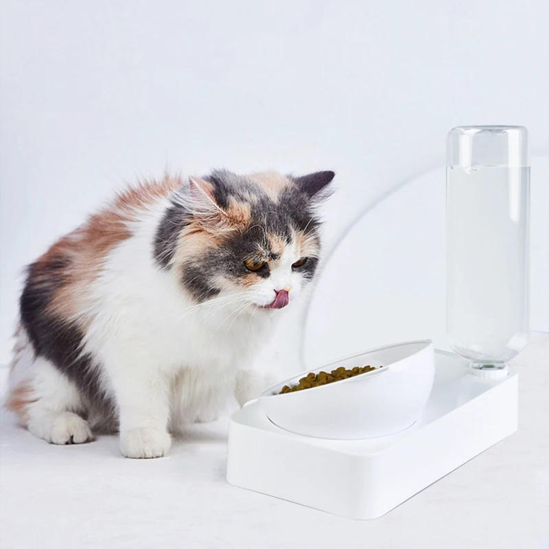 Pet Feeding Bowl Cat Ears Shaped Oblique Double Bowls Spine Bowl Drinking Fountain Leak Proof Neck Protection Food Bowls