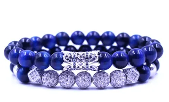 

8mm 2PCS/Set silver wg2 elastic adjusted nature lapis lazuli micro pave cz zircon cubic zirconia tube Bracelet Jewelry