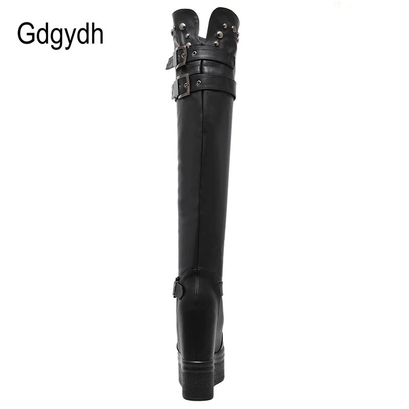 Gdgydh/модные женские ботфорты на платформе с пряжкой; пикантные черные высокие сапоги из искусственной кожи на высоком каблуке с заклепками; женская обувь на танкетке