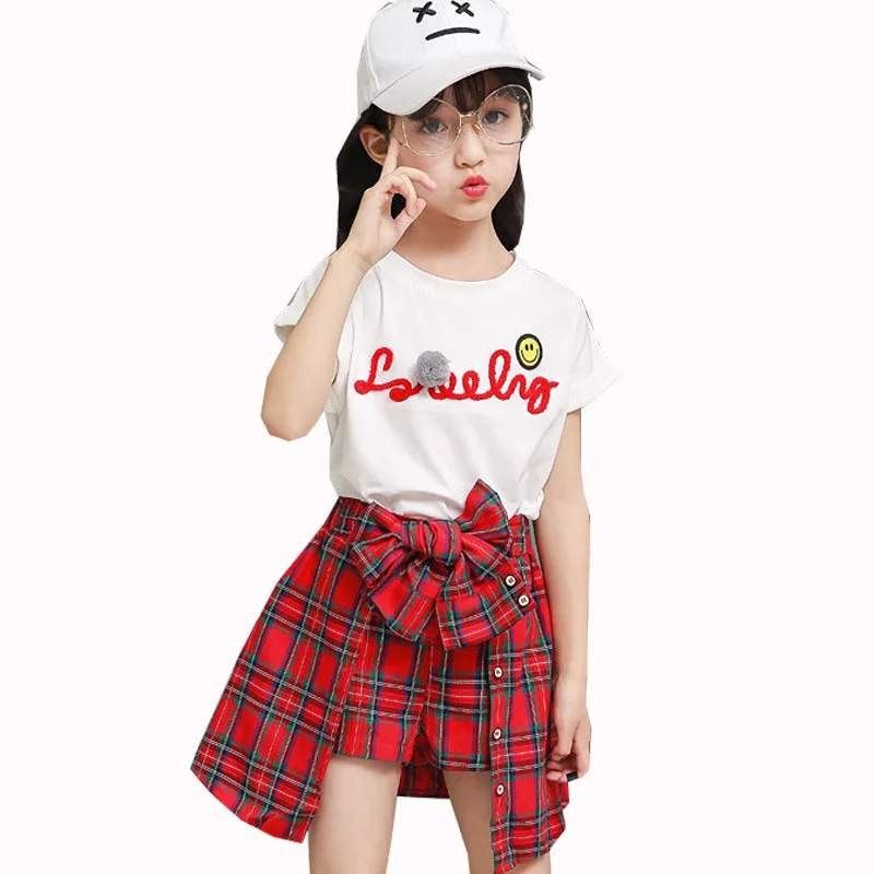 Детская одежда 2020 летний топ для девочек футболка + шорты в клетку модная детей