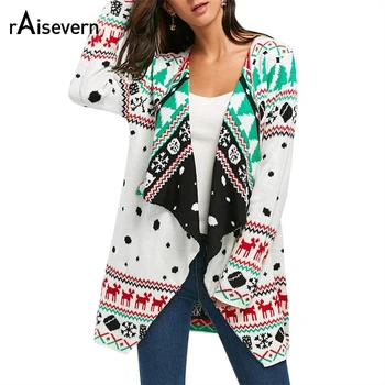 

Raisevern Tunic Autumn Women Casual Cartoon Print Christmas Swaater Loose Long Sleeve Prints Cardigan