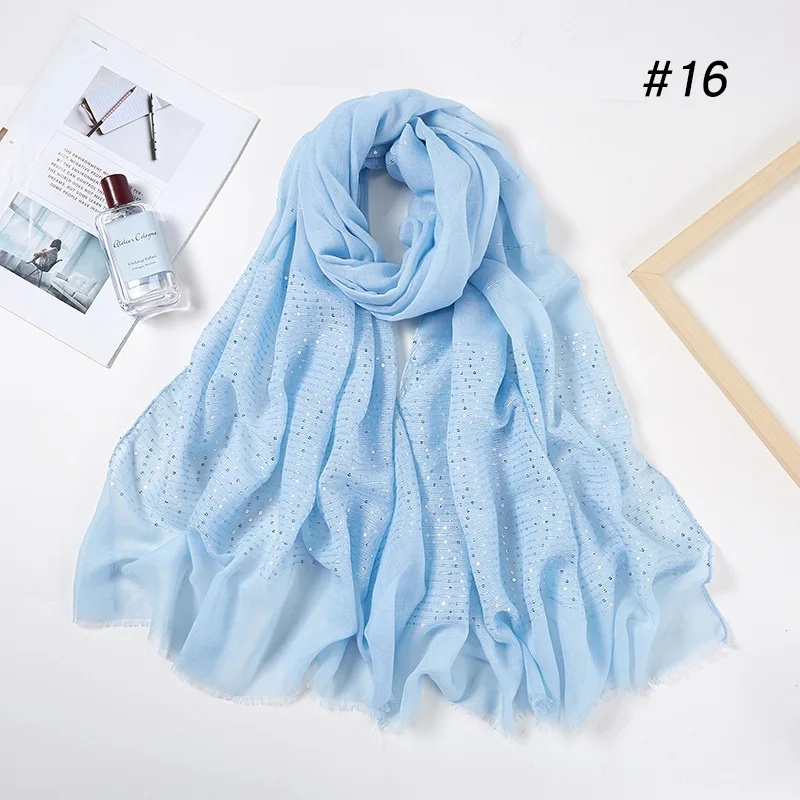 16 skyblue 10 шт./лот,, Женский хлопковый шарф с бахромой, серебряные блестки, шаль с блестками, глушитель, мусульманский платок хиджаб, платок, шарфы - Цвет: 16 skyblue
