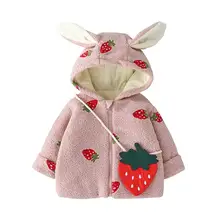 Зимние куртки для девочек; парки; Верхняя одежда для маленьких девочек; детская зимняя одежда; пальто с длинными рукавами; милая одежда на молнии с капюшоном и рисунком клубники для малышей