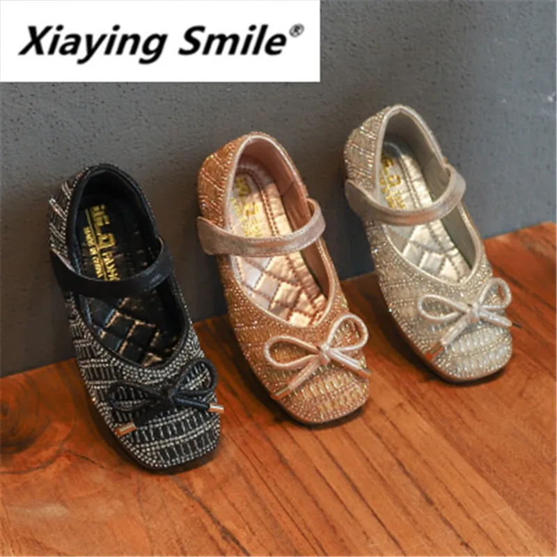 Xiaying Children's Leather Shoes New Bottom Diamond Bow Lovely Princess Shoes Girls Soft Bottom Shallow Mouth Square Head