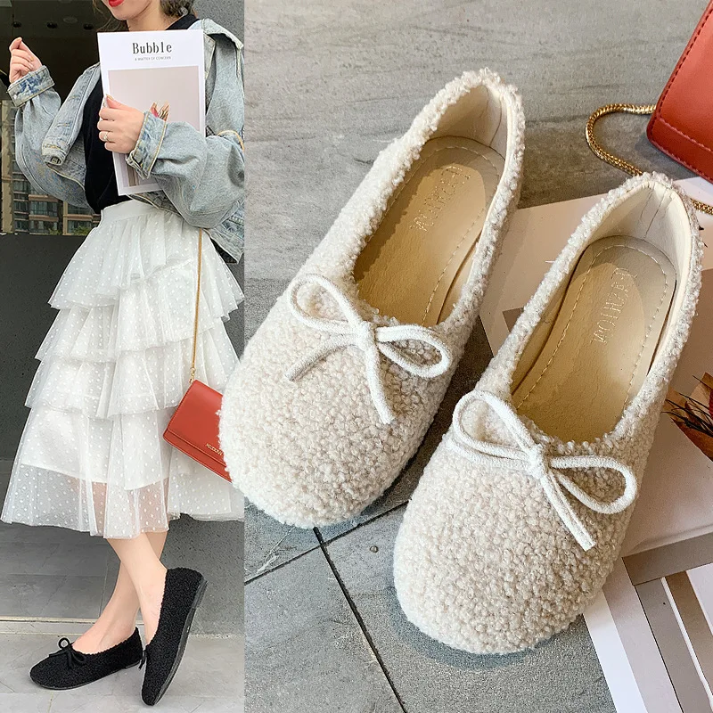 

2019 Autumn New Style Flat Online Celebrity Fluffy Shoes Bow Moccosins Slip-on Shallow Mouth Single Shoes