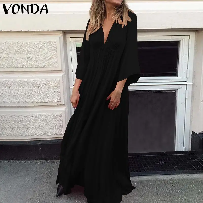 Женское платье размера плюс VONDA, с расклешенными рукавами, сексуальное, с глубоким v-образным вырезом, повседневное, свободное, длинное, макси платье, одноцветные, вечерние, вечерние платья, осеннее платье