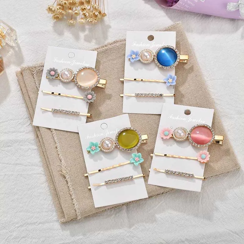

3Pcs/Lot Women Rhinestone Hairpins Metal Hairclip Girls Colorful Beads Geometric Round Hair Accessories Barrettes