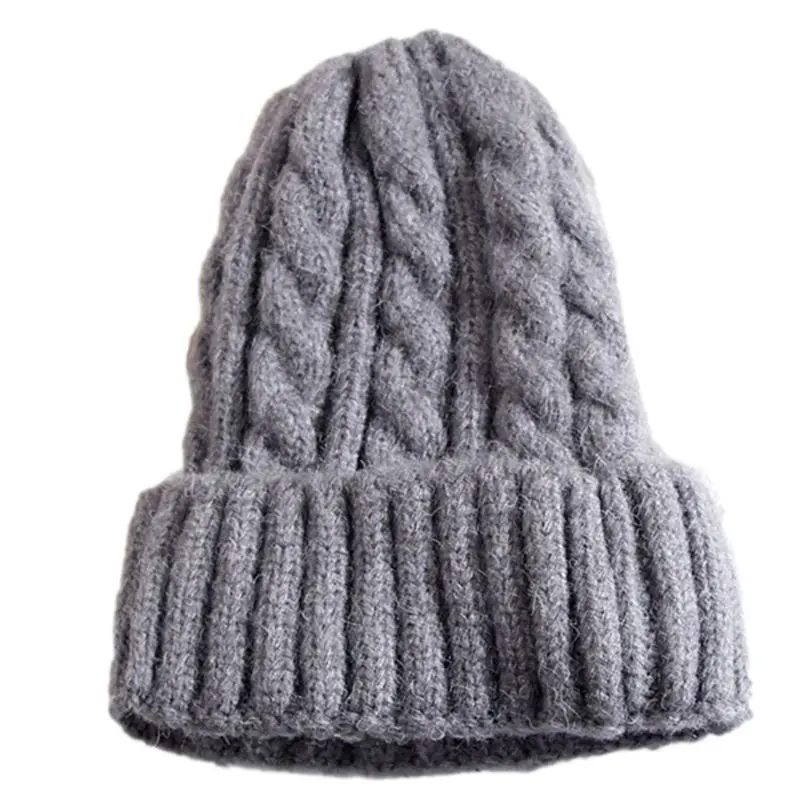 Женская зимняя вязаная шапка из искусственной шерсти, одноцветная шапка с манжетами и черепом - Цвет: Deep Gray