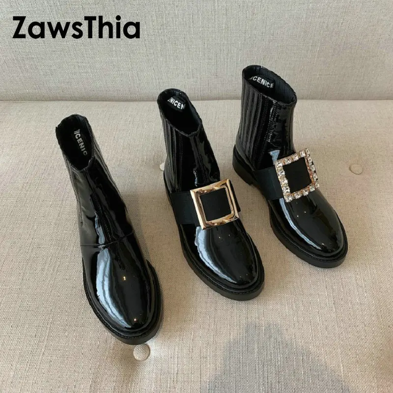 ZawsThia/; высококачественные роскошные брендовые женские ботильоны из лакированной кожи; ковбойские ботинки martin в ковбойском стиле с металлической пряжкой