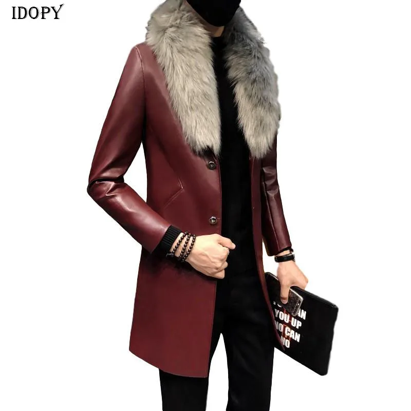 Mens Leather Trench Coat Fur Collar Mens Long Coat Fur Collar
