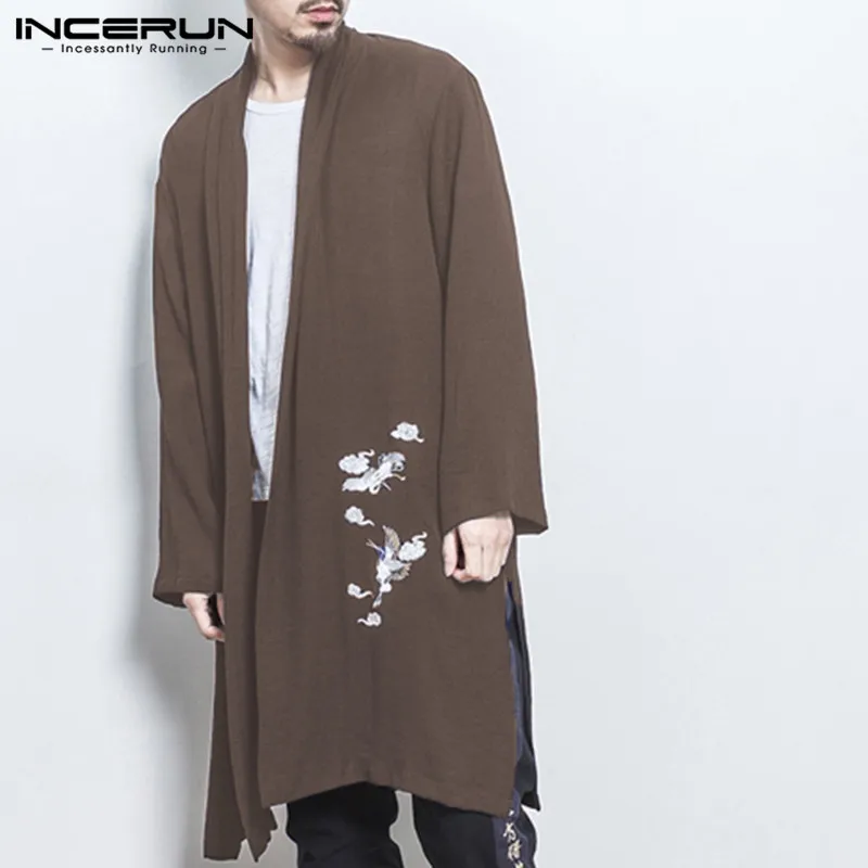 INCERUN, модные мужские длинные кардиганы, ветровка для мужчин, s, мешковатые, с вышивкой Журавля, повседневные, с длинным рукавом, кимоно, мужской ханьфу, Тренч, пальто