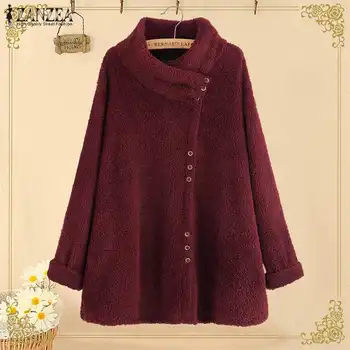 

2020 Autumn Women's Turtleneck Coats Stylish Fluffy Jackets Long Sleeve Outerwear Female Button Fleece Overcoat Tunic Plus Size