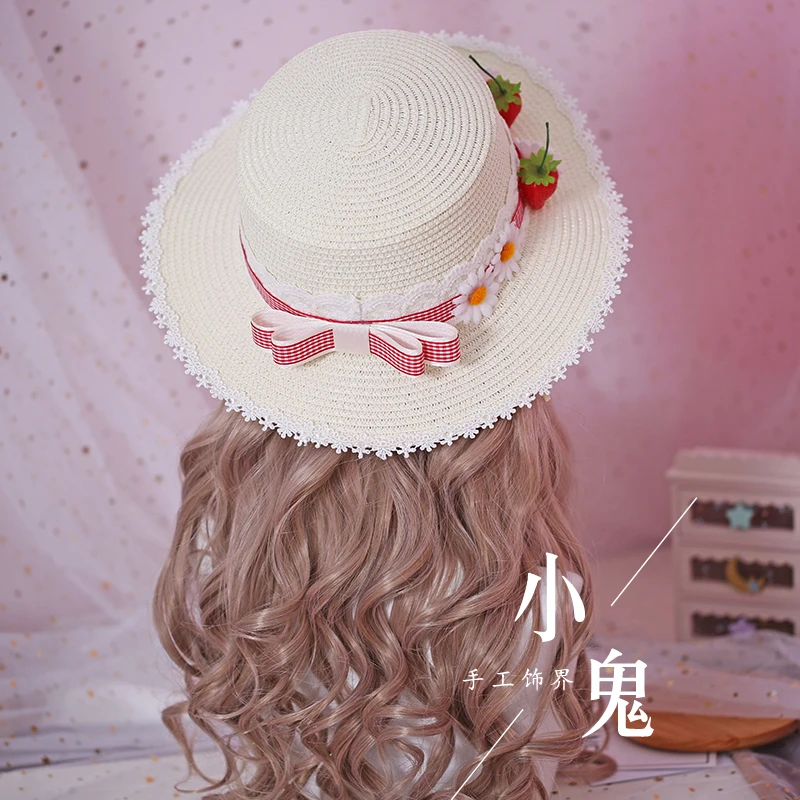 Ручной работы в стиле Лолиты; ручная работа; Mori; пасторальное мягкое платье с бантом для сестры; Повседневная Соломенная шляпа - Цвет: Milk white hat