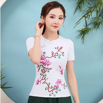 

KYQIAO clothes women tops summer Chinese style vintage ethnic mandarin collar blue blue black embroidery blouse shirt