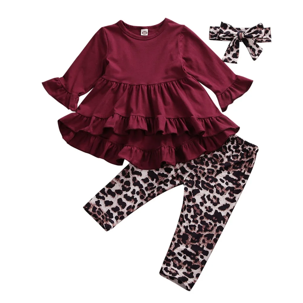 Brand Toddler Kids Baby Girl Ruffle Top Dress Leopard Print Pants Legging Outfits Set Kids Clothes Fall Children Set