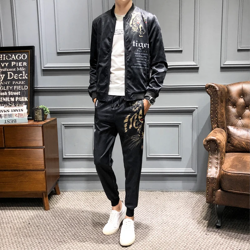 

2 Piece Korean MenswearBrand Tiger Head Print Jacket And Pant Ropa Deportiva Hombre Para Correr Plus 5xl Jogginganzug Herren