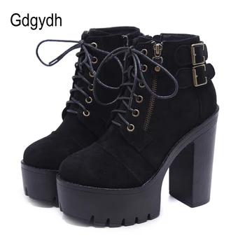 

Gdgydh Square Heel Fashion Boots Motocykle Of The Women Ankle Boots High Heel Sexy Belt Buckle Pu And Flock Platform Shoes Black