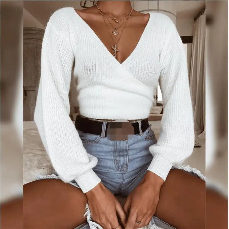 Deep V Neck White Wrap Knit Pullover Women Autumn Bow Tie Knitted Cropped Sweater Female Winter Crop Top Jumper Pull | Женская одежда